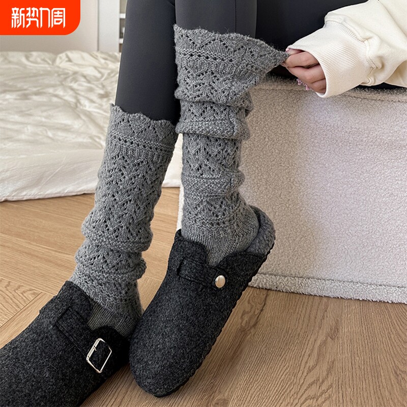 堆堆袜镂空袜套袜子灰色花边女秋冬小腿配鲨鱼裤的保暖针织长筒袜