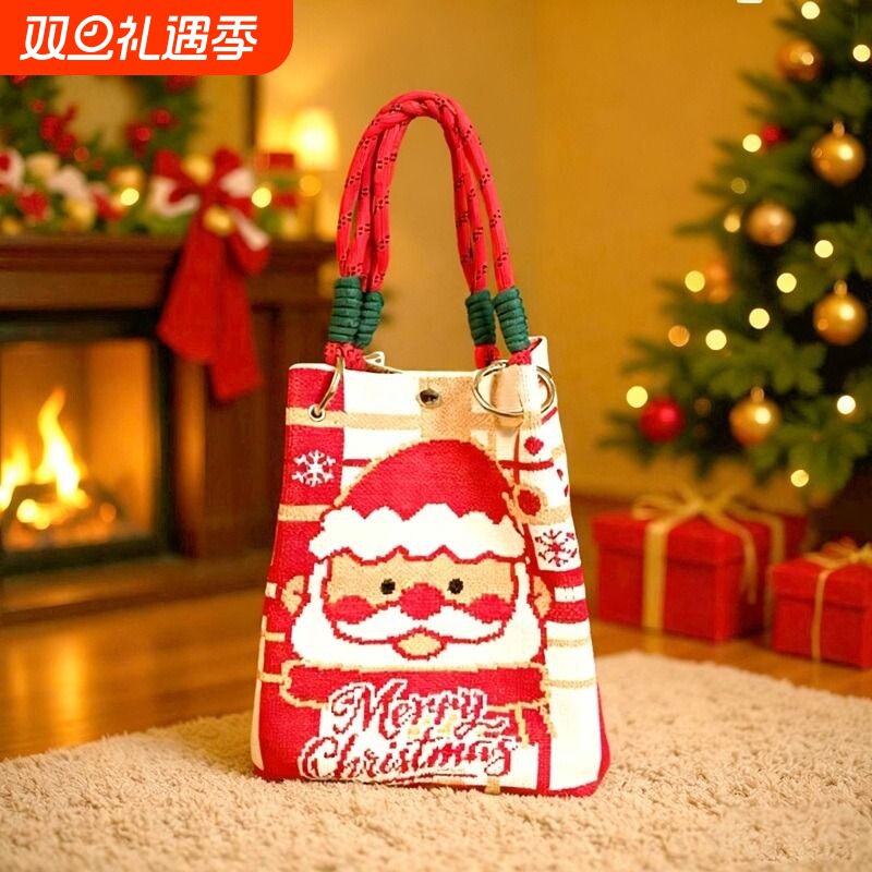 2025新款圣诞针织手提包礼物袋卡通麋鹿水桶便携大容量伴手礼包袋