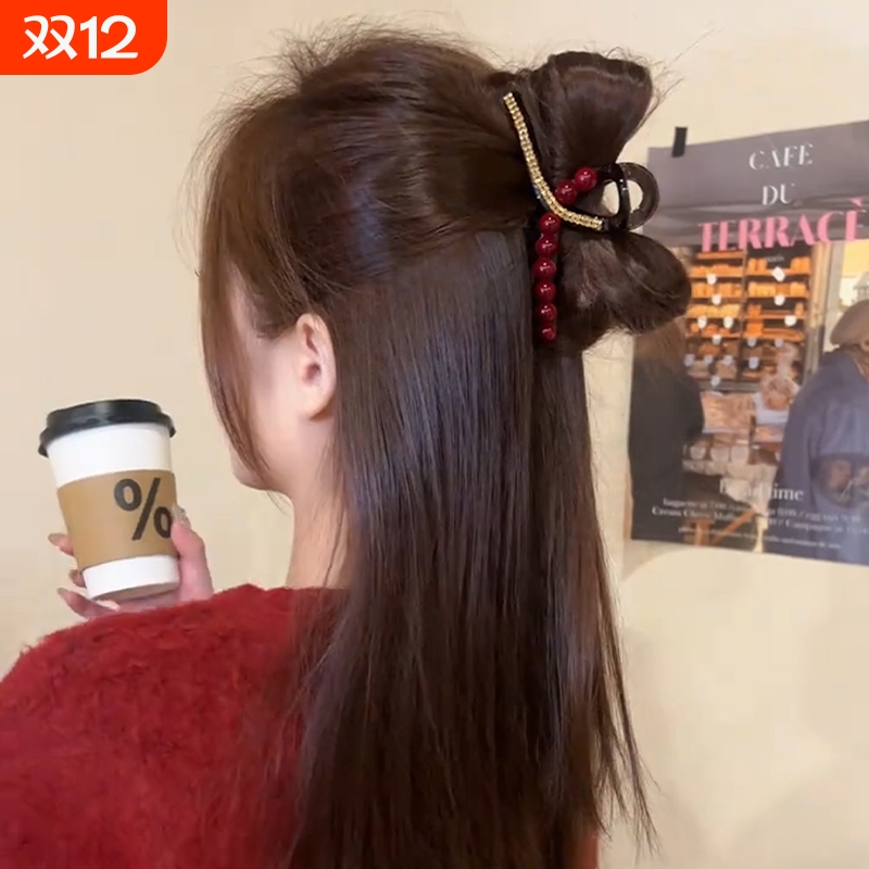 新年红色闪钻抓夹女2025新款发夹后脑勺高级感盘发鲨鱼夹头饰
