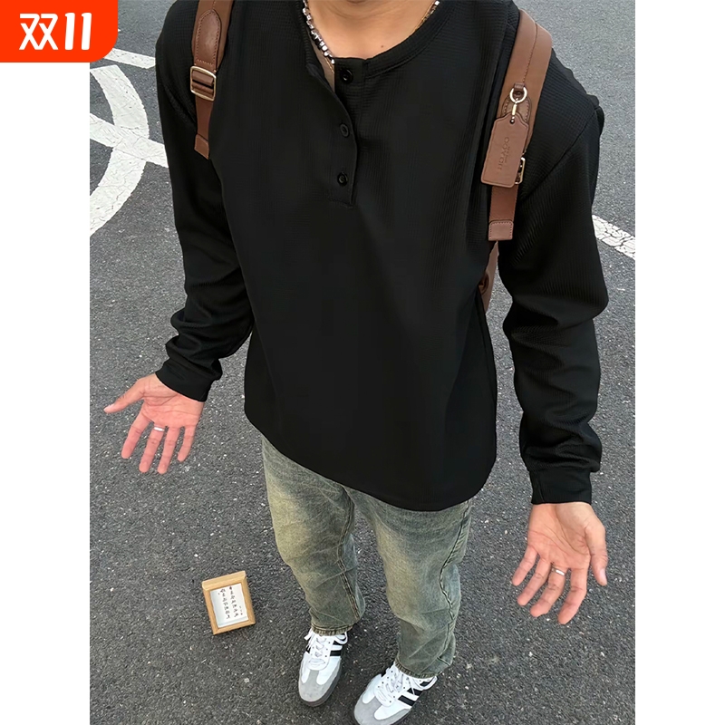 黑色美式亨利领长袖男士运动t恤衫秋季华夫格薄款卫衣内搭打底衫
