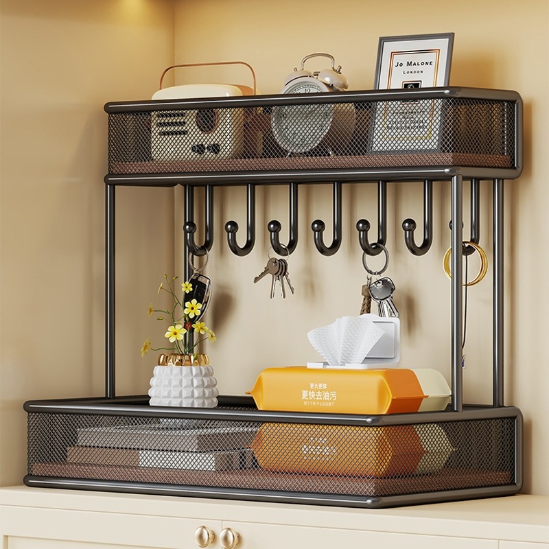 钥匙收纳盒装饰摆件饰品入户玄关家用双层带挂钩多功能铁艺置物架