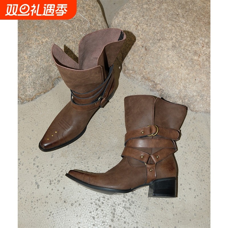 Mooreyu棕色尖头短靴女真皮刺绣西部牛仔靴做旧废土风中筒靴原