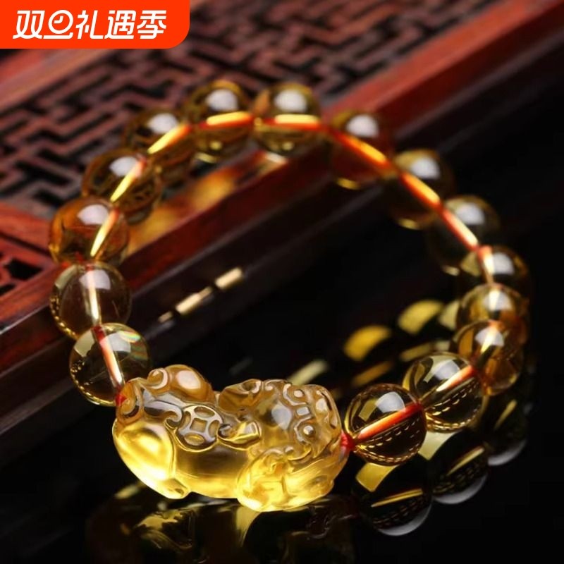 黄水晶紫水晶手链招财貔貅男女仿黄水晶手串情侣款圆珠饰品时尚
