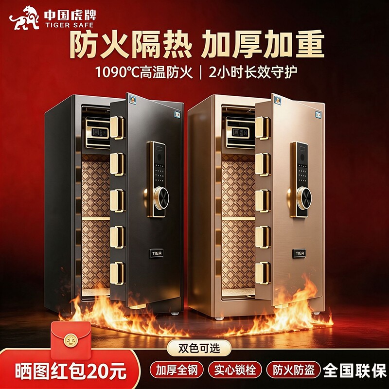 虎牌保险箱防火保险柜耐高温家用小型45CM/60/80/100指纹密码WIFI办公防盗防撬重型床头衣柜入墙保管2026新款