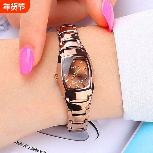 一件代发女士手表咖啡金色夜光防水钢带时尚学生手表方形石英女表