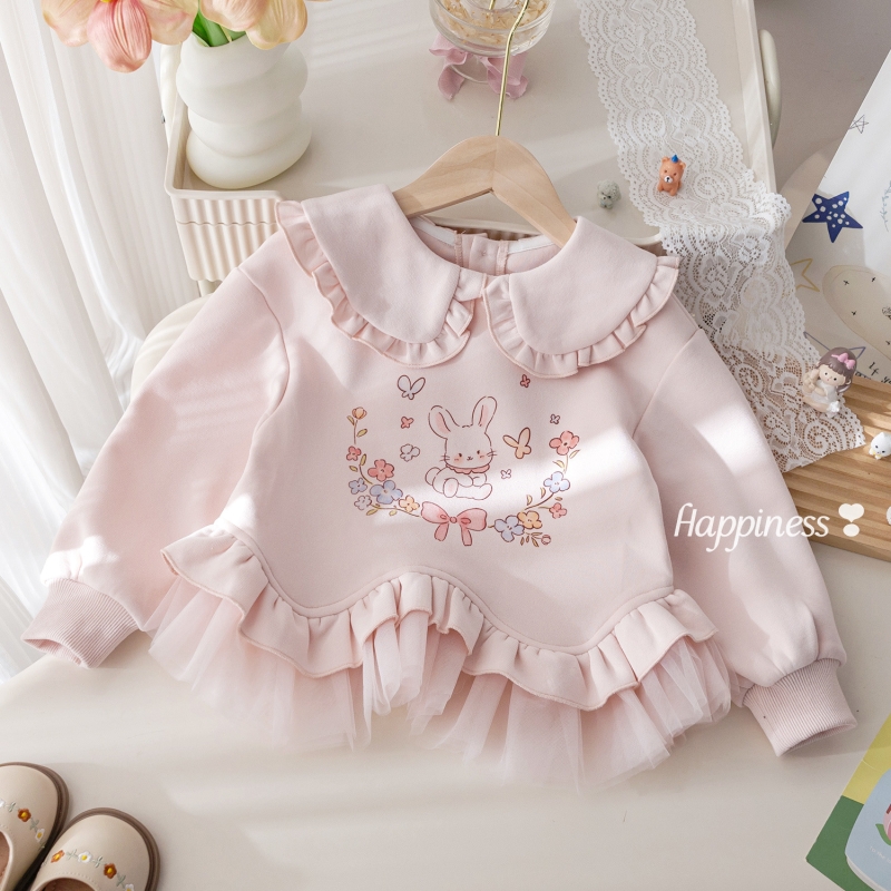 女童秋季卫衣可爱卡通兔子印花套头衫女宝宝秋装蕾丝花边时髦上衣