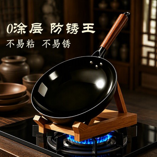 章丘铁锅炒锅炒菜锅家用旗舰老式不粘锅无涂层燃气煤气灶适用圆底