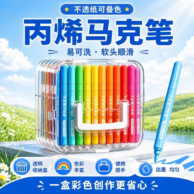 软头丙烯马克笔小学生美术绘画笔防水可叠色无毒可水洗儿童幼儿园手绘涂色笔12/24/48/60/72色绘画套装直液式图片