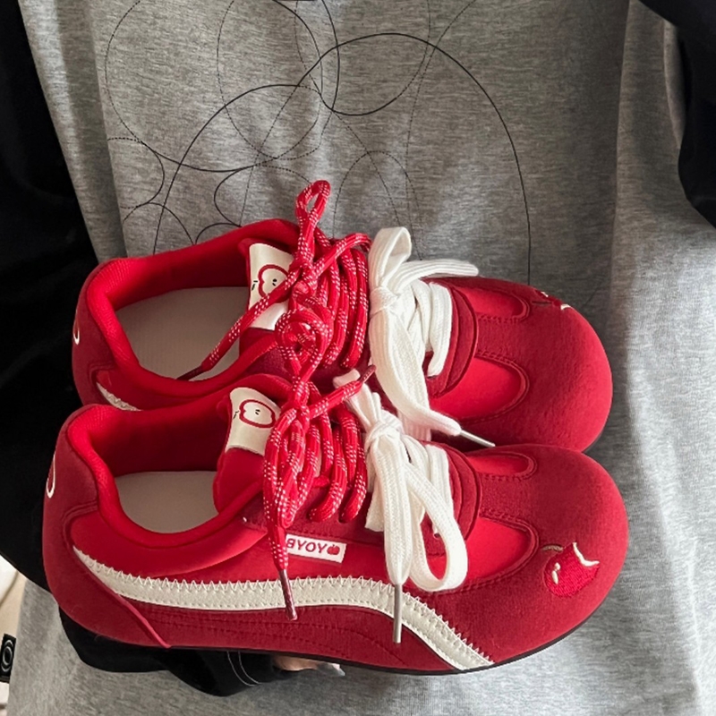 韩系爆款红色德训鞋女2025新款夏季透气薄底板鞋复古休闲小白鞋子