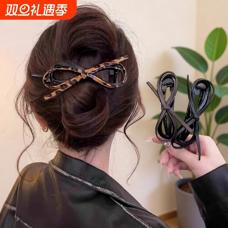 2025新款豹纹蝴蝶结扭扭发夹后脑勺抓夹女高级感一字夹盘发夹头饰