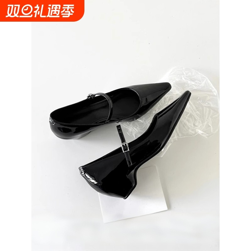 羊皮版~法式气质一字扣带粗跟玛丽珍女鞋尖头单鞋浅口通勤高跟鞋