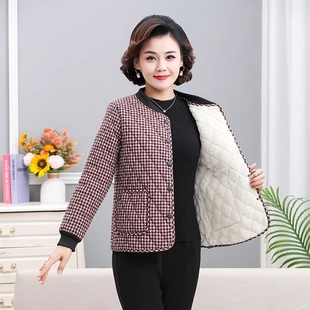 洋气圆领加厚保暖棉服女 格子加绒短外套妈妈装 中老年秋冬新款 时尚