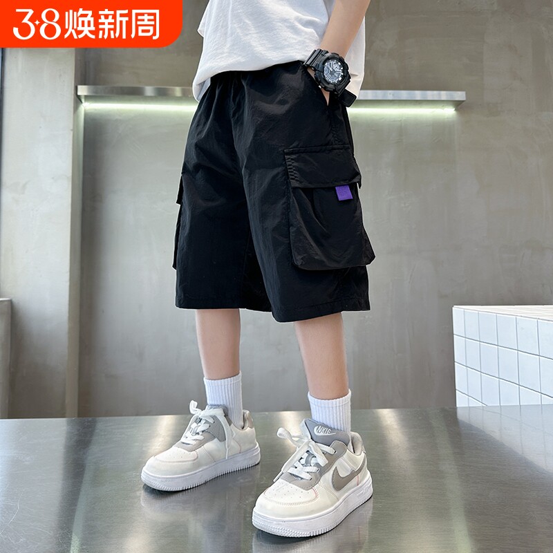 男童短裤儿童夏季2025新款外穿裤子中大童男孩工装五分裤白色黑色