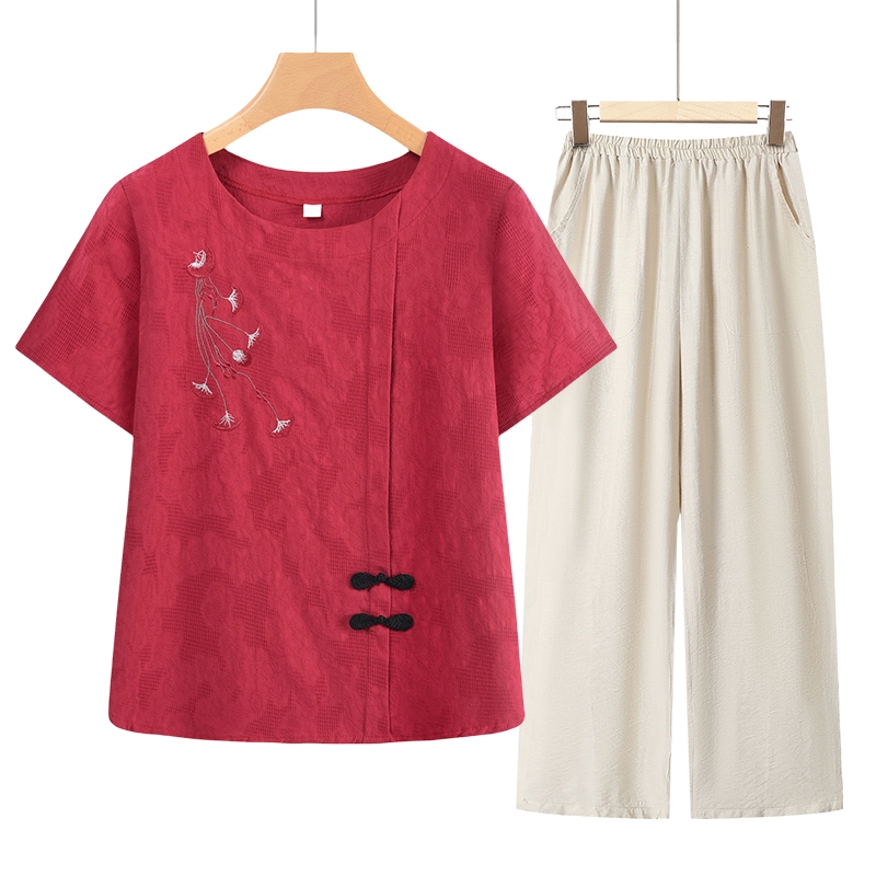 妈妈新款夏装套装短袖绵绸套头两件套老年上衣中老年女奶奶装衣服