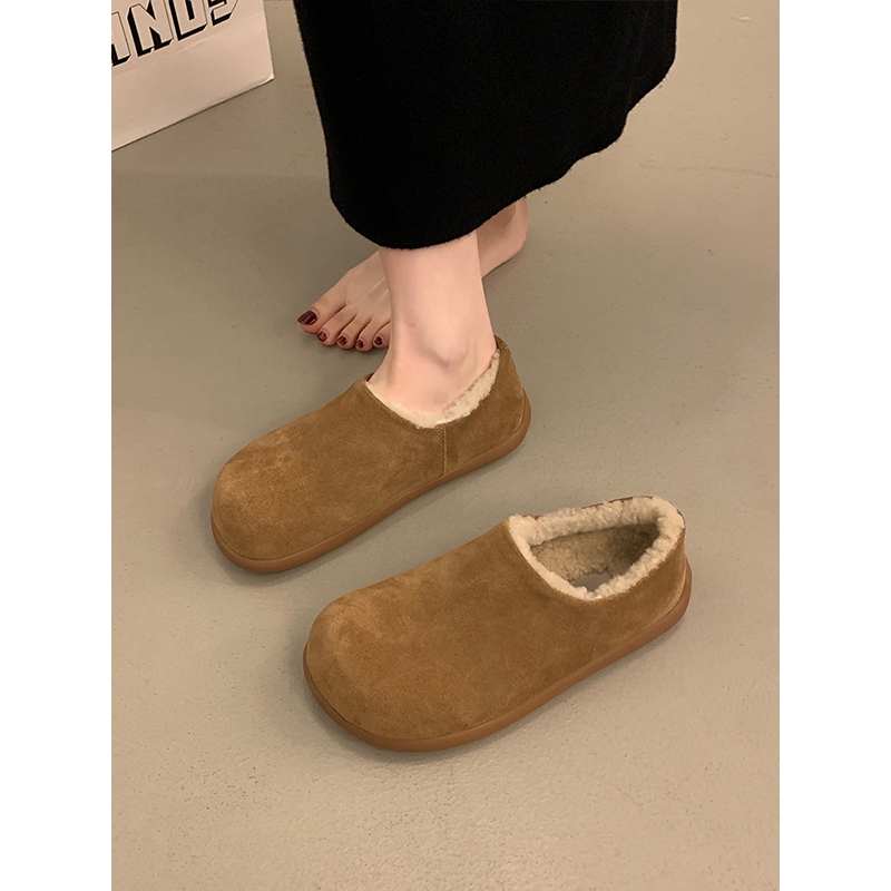 厚底加绒保暖勃肯鞋女2025秋冬新款一脚蹬毛毛鞋棉鞋毛绒平底咖色