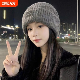 针织冷帽帽子女款2025新款秋冬大头围保暖毛线帽灰色黑色白色笑脸