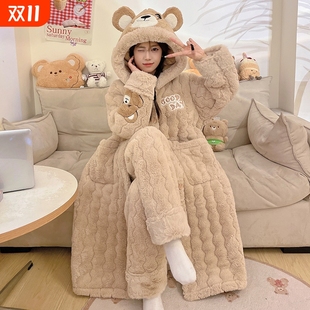 加绒加厚秋冬天可外穿保暖家居服 珊瑚绒夹棉睡袍套装 冬季 睡衣女款