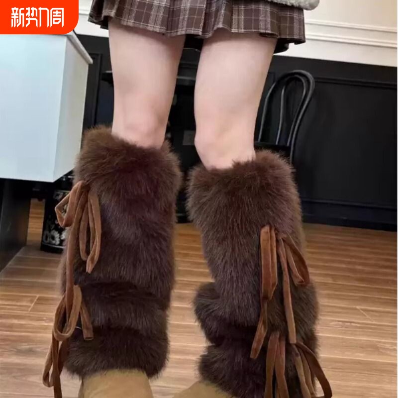 秋冬毛毛腿套y2k蝴蝶结绑带中筒辣妹仿皮草保暖显瘦毛绒袜套雪套