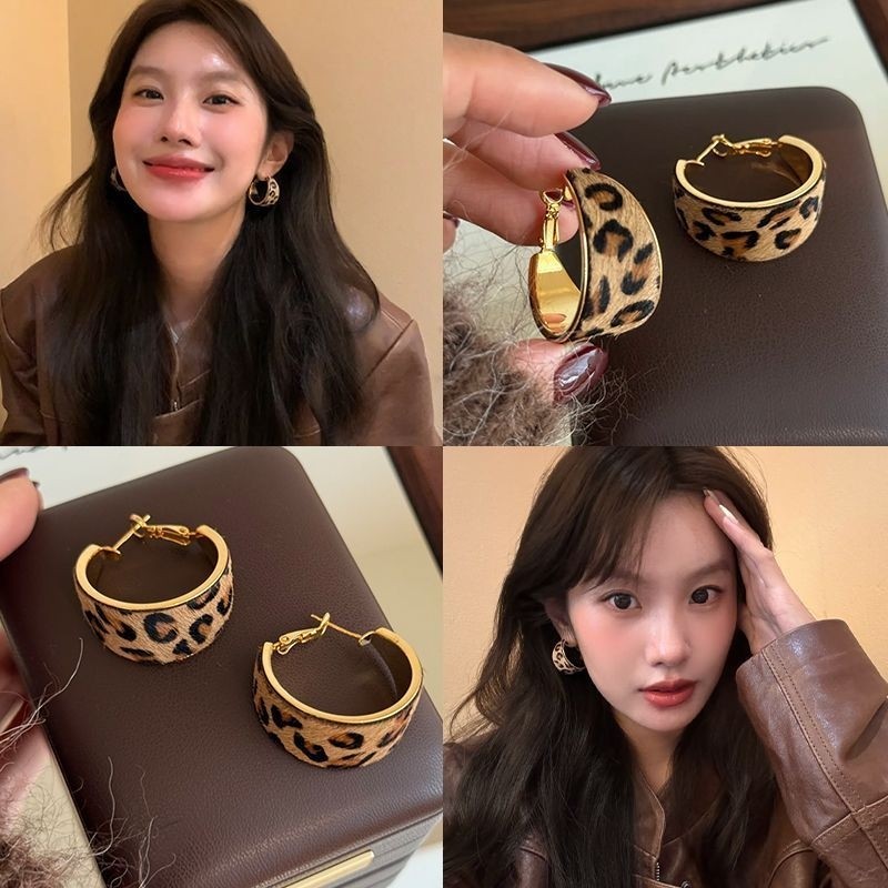 秋冬百搭复古宽边植绒豹纹耳圈港风气质高级感小众独特美拉德耳环