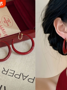 「安可拉红」复古圈圈红色耳饰蚊香盘耳夹无耳洞圆圈显白耳钉纯银