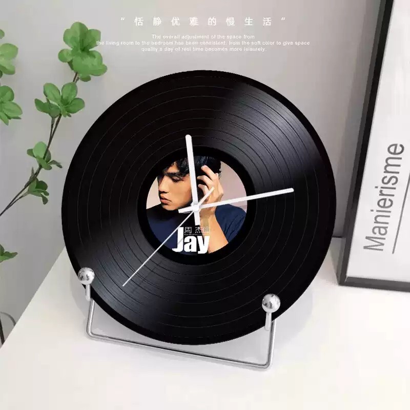 周董JAY复古周杰伦黑胶唱片玄关桌面摆钟台钟送人座钟表氛围软装