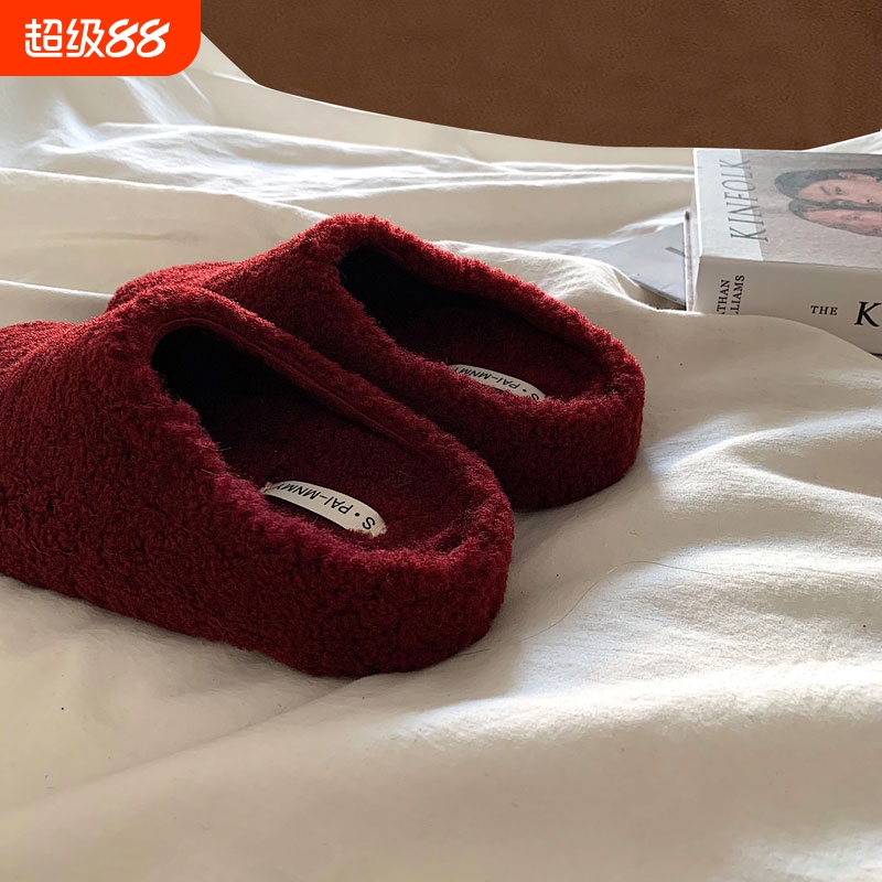 安哥拉红～ins露思同款羊羔毛包头半拖鞋女冬外穿懒人毛毛棉拖鞋