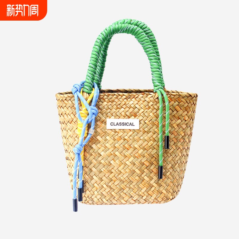 新款草编包大容量编织包手工编织尼龙绳挂饰女草编手提包女包红色