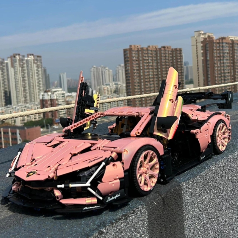 【全网爆款】粉色兰博积木跑车