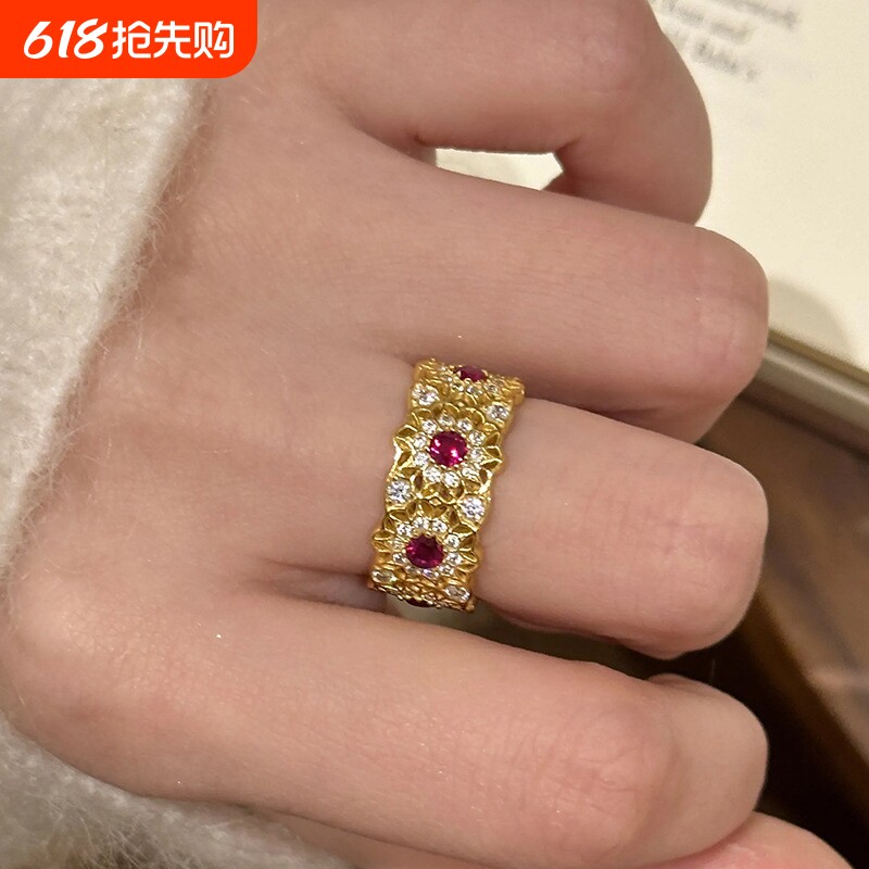 复古微镶玫瑰花窗戒指新中式宫廷风几何环形镂空花边指环女