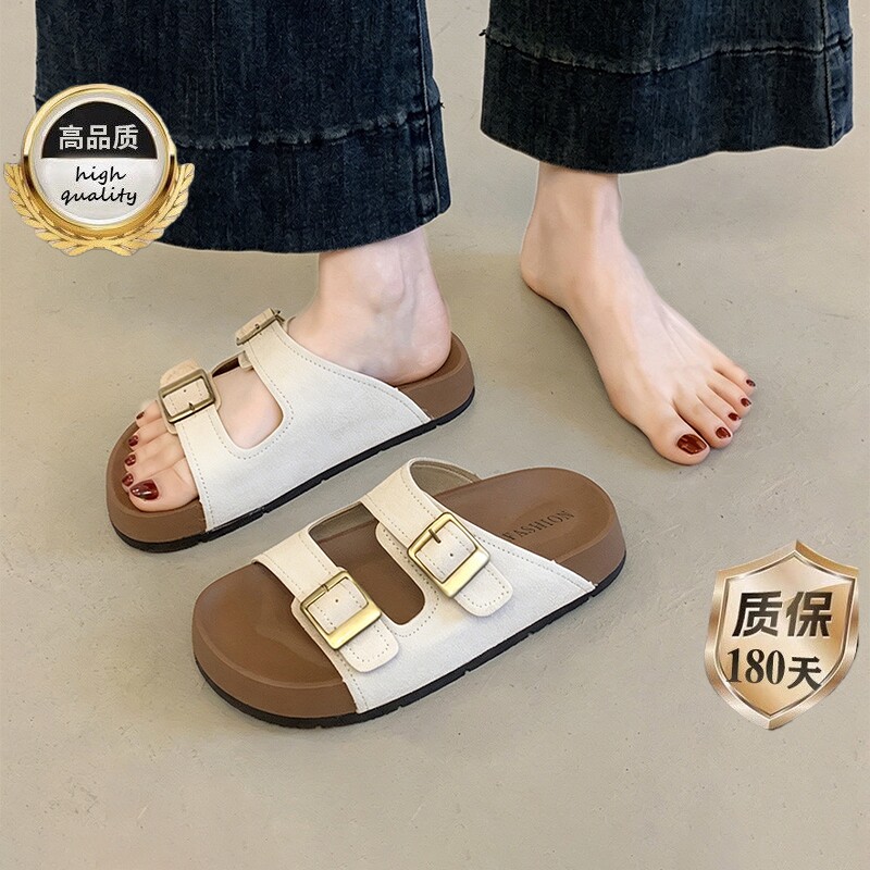 勃肯鞋高级感厚底一字拖女夏外穿2026新款沙滩凉鞋拖鞋皮面配裙子