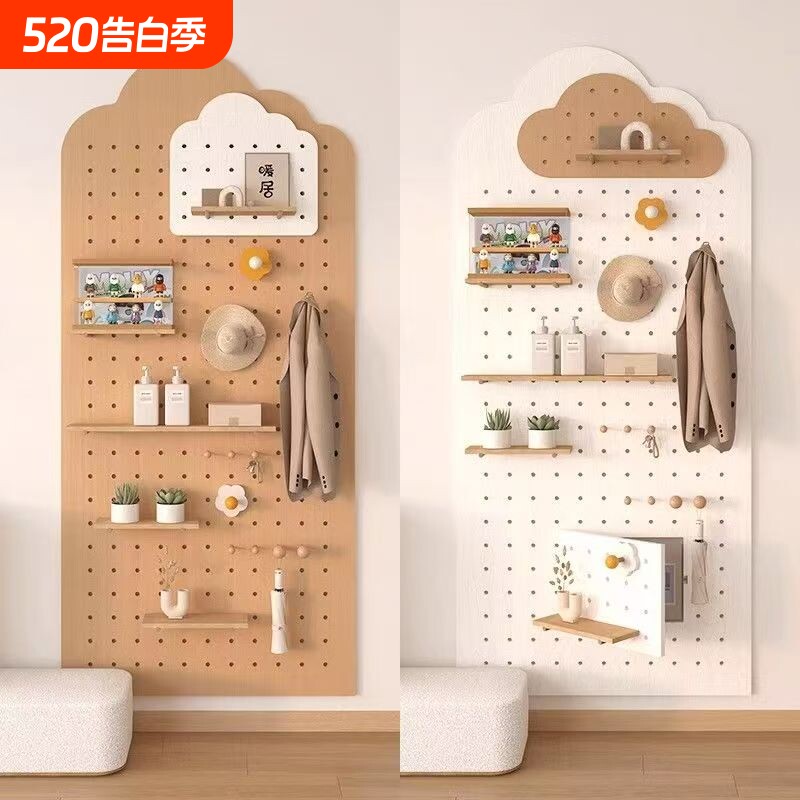 实木洞洞板装饰置物架入户玄关墙上展示架书桌背景墙上收纳挂架