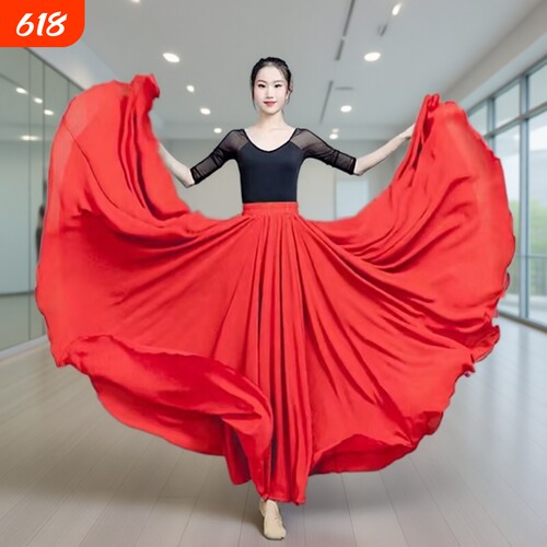 720双层雪纺大摆裙广场舞红裙子新疆舞蹈服装女现代舞半身裙长款