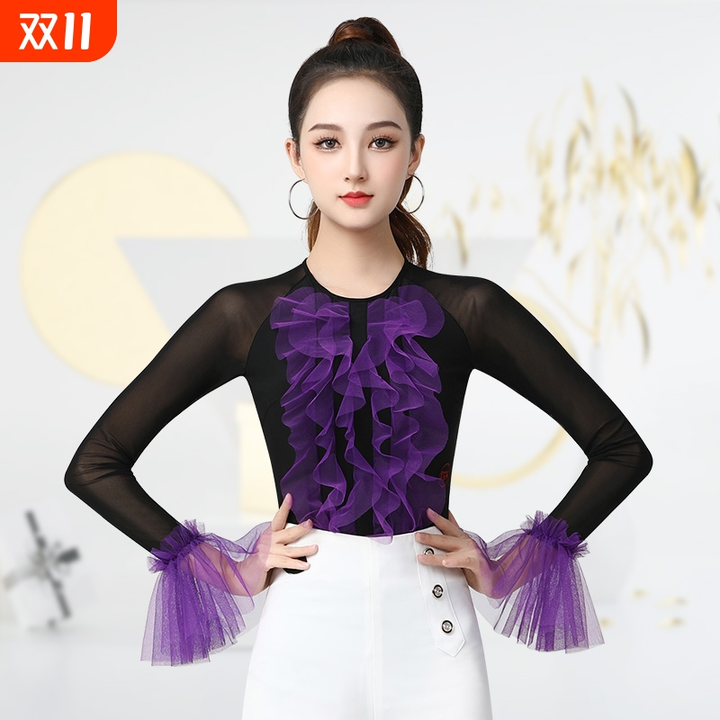 丹宝罗小圆领网纱花边摩登舞长袖