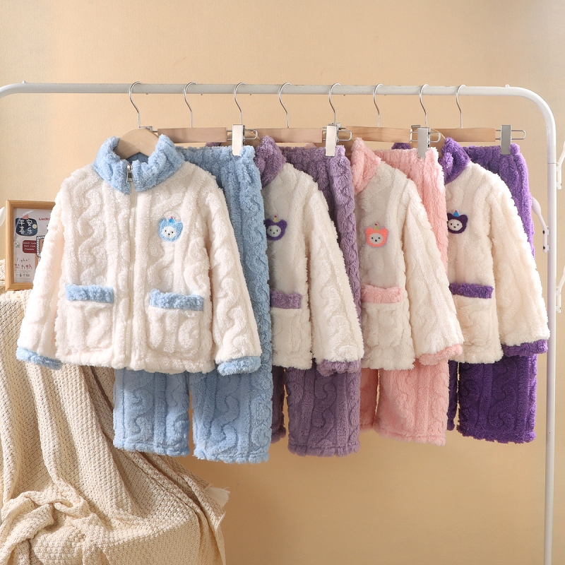 儿童睡衣秋冬款拉链加厚加绒珊瑚绒女孩大童2025新款家居服法兰绒