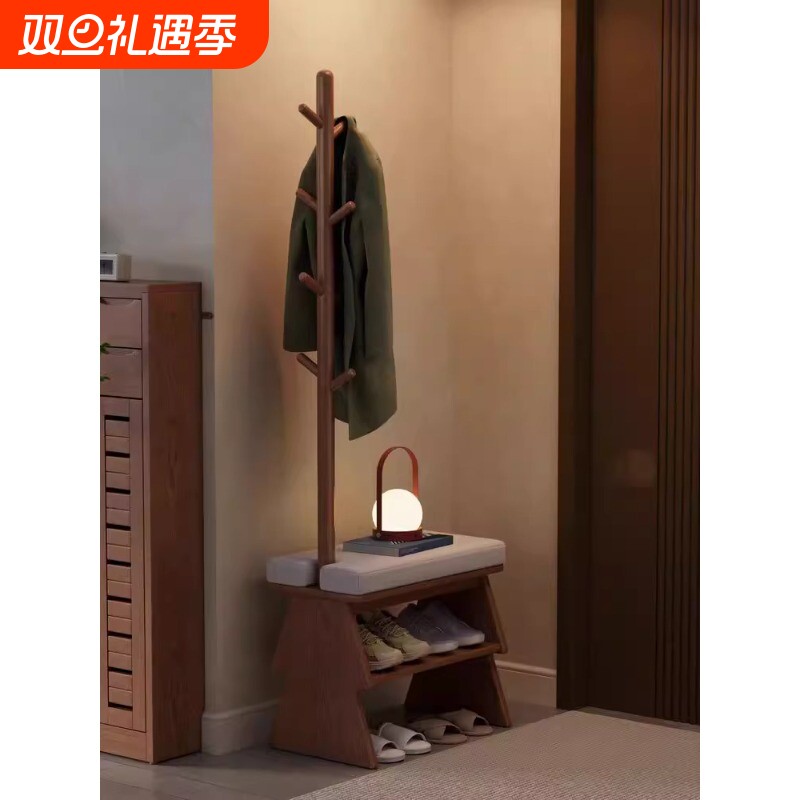 实木换鞋凳挂衣架一体家用门口穿鞋凳子可坐鞋柜衣帽架玄关多层