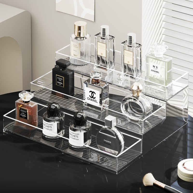 香水展示架梳妆台桌面亚克力护肤化妆品香薰多层阶梯透明收纳柜盒