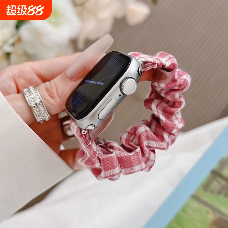 适用applewatch10表带iwatch9苹果S10手表S9蓝白格子S8新款发圈腕带运动SE女款可爱创意松紧夏天高级尼龙智能