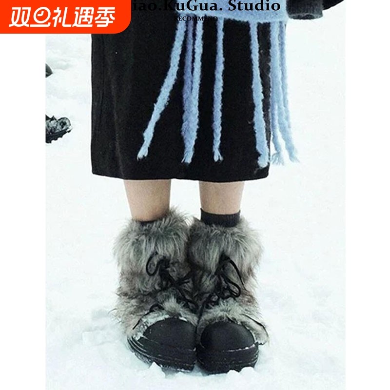 大头厚底雪地靴女2025新款冬季加绒加厚毛毛短筒靴子外穿保暖棉鞋