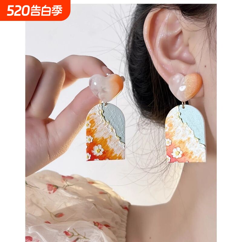 油画橘子海复古耳环女港风气质亚克力花朵耳饰度假蝴蝶结耳钉耳夹