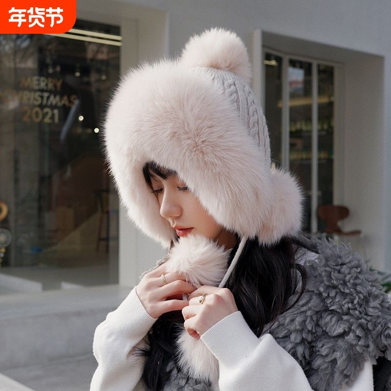 冬季新款 毛线针织帽子狐狸毛球雷锋帽 甜美可爱保暖皮草护耳女帽
