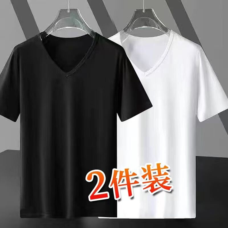 夏季纯色鸡心领体恤衫男士打底V领半袖T恤弹力薄款短袖男黑色白色