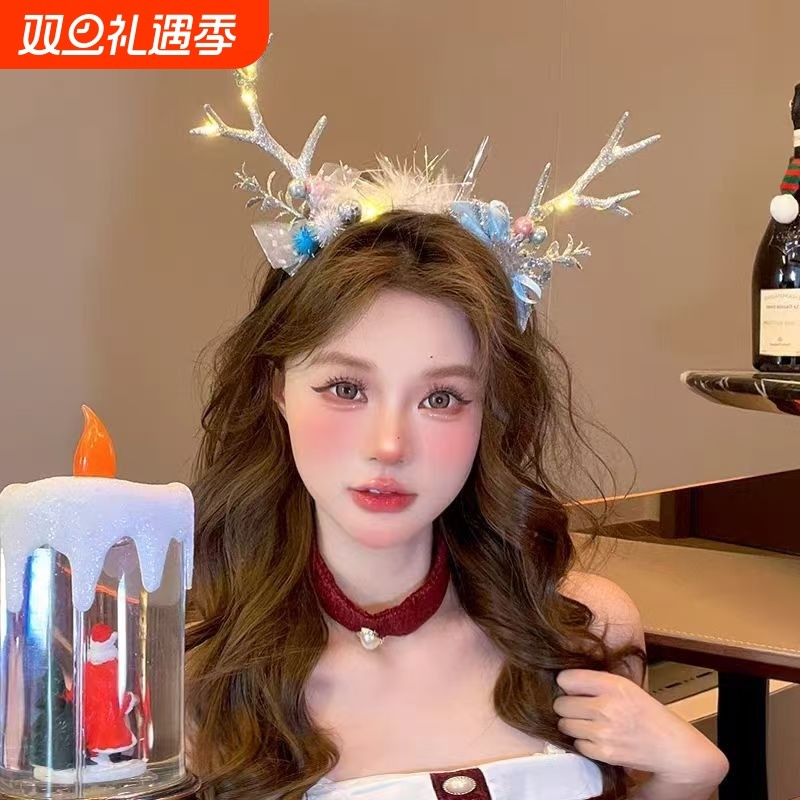圣诞节圣诞头饰鹿角头箍发箍森系拍照道具发饰发卡短发发光小鹿