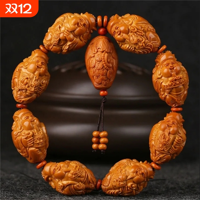1.9大籽瑞龙财神橄榄核手串八大财神爷核雕文玩橄榄胡雕男士手链