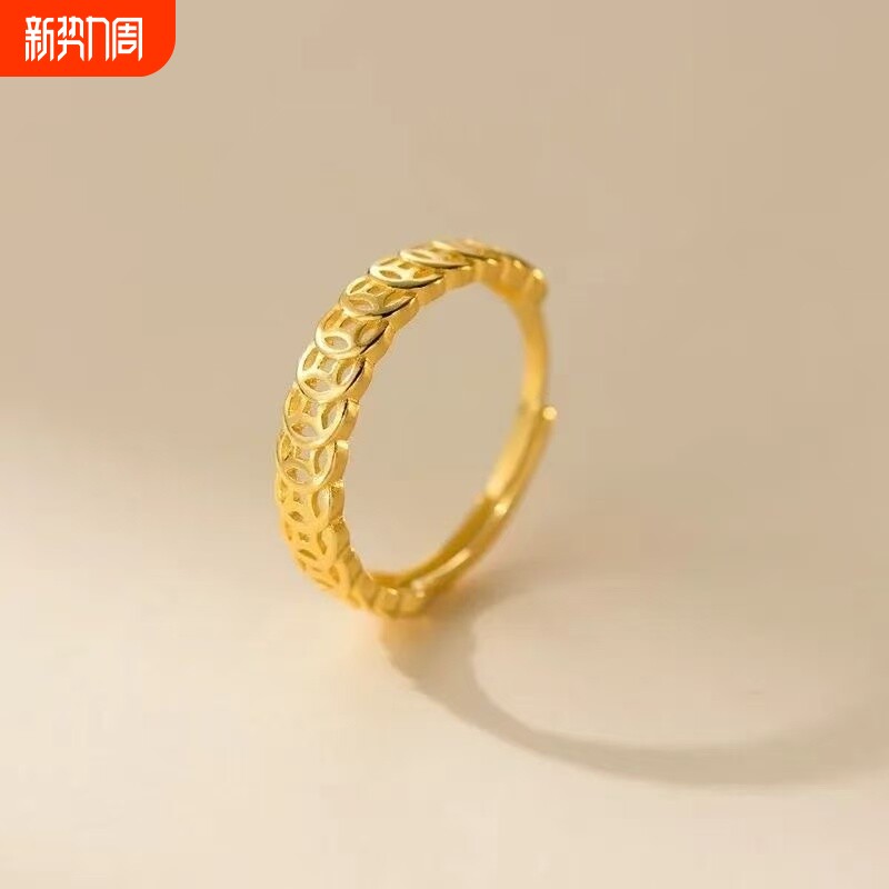 复古金色镂空铜钱戒指女旺财食指戒可调节新款爆款指环小众设计