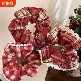 红色蕾丝格子大肠发圈女高级感新年圣诞氛围感韩系头绳发绳头饰品
