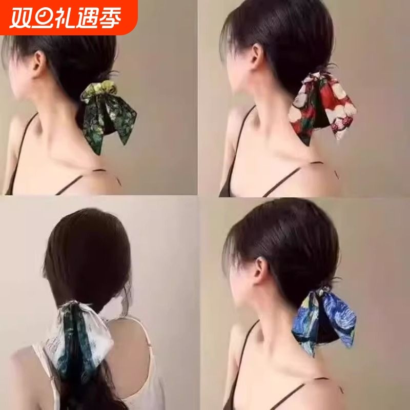 发饰女新款野玫瑰梵高飘带大肠发圈星空缎面油画发带头绳皮筋发绳