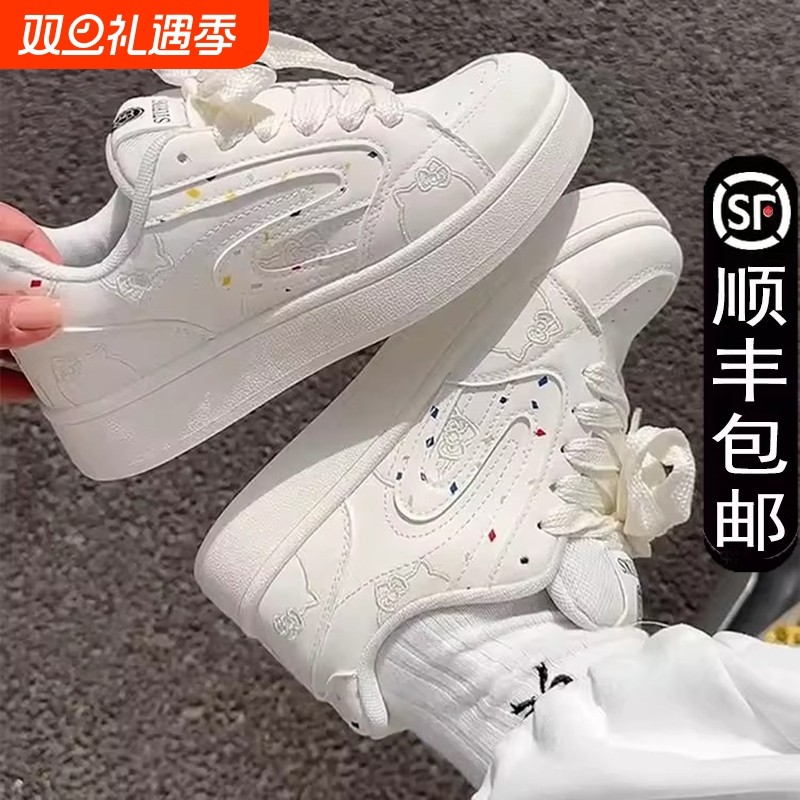 新款米白色涂鸦设计面包鞋女校园风复古休闲滑板鞋增高透气运动鞋