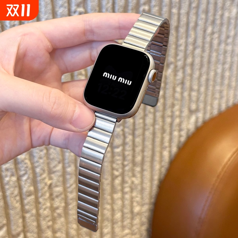 表带适用applewatch竹节磁吸金属细iWatch10/9/8/7小蛮腰钢带不锈钢苹果手表se高级腕带女夏季黑色表盘银色