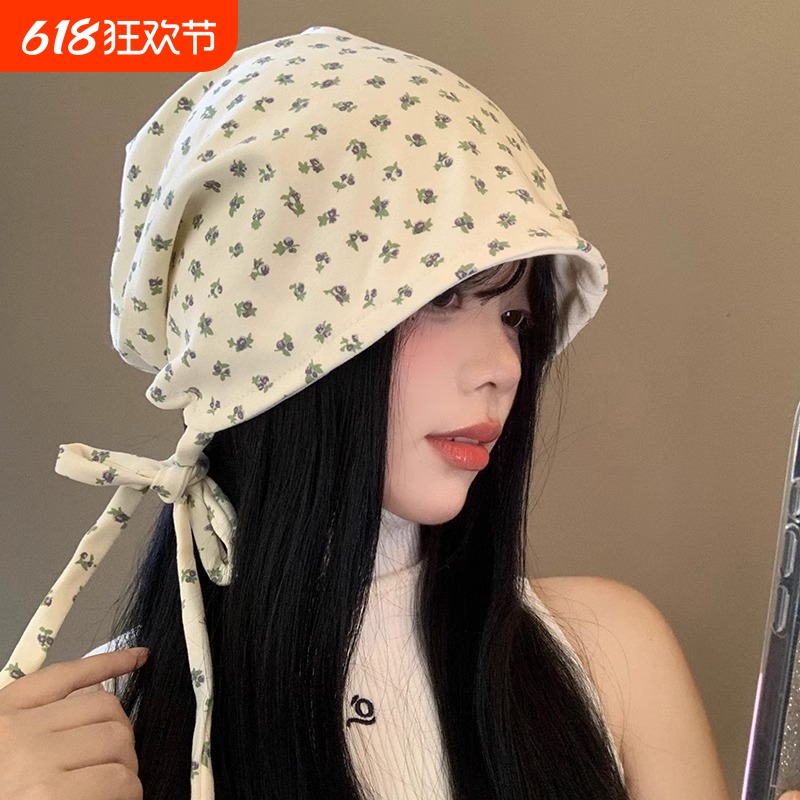 碎花绑带包头堆堆帽女产后显脸小头巾月子帽夏季大头围宽松帽子