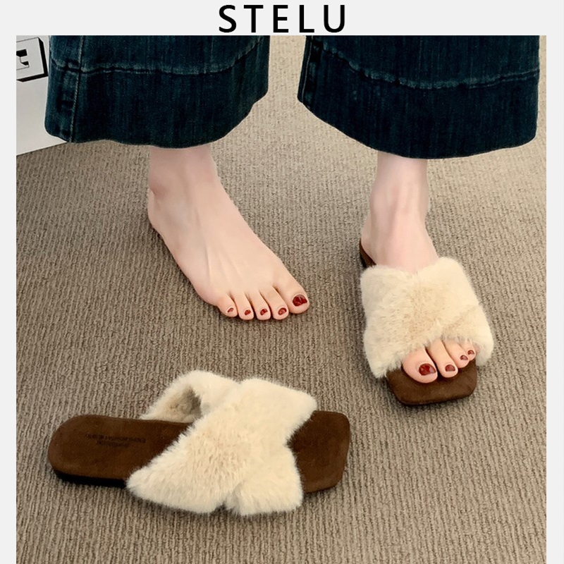 日本STELU法式绝美毛毛拖鞋女外穿2025新款超火平底防滑家居棉拖